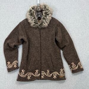 Laundromat 100% Wool Hooded Sweater Size L Full Zip Pockets Fur Hood Boho Artsy